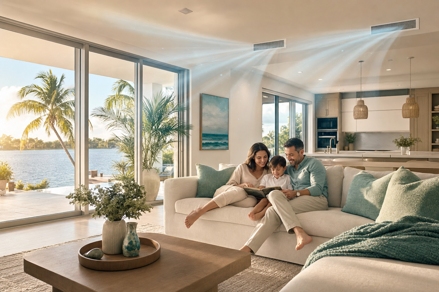Bright modern Florida living room with a family relaxing on the sofa