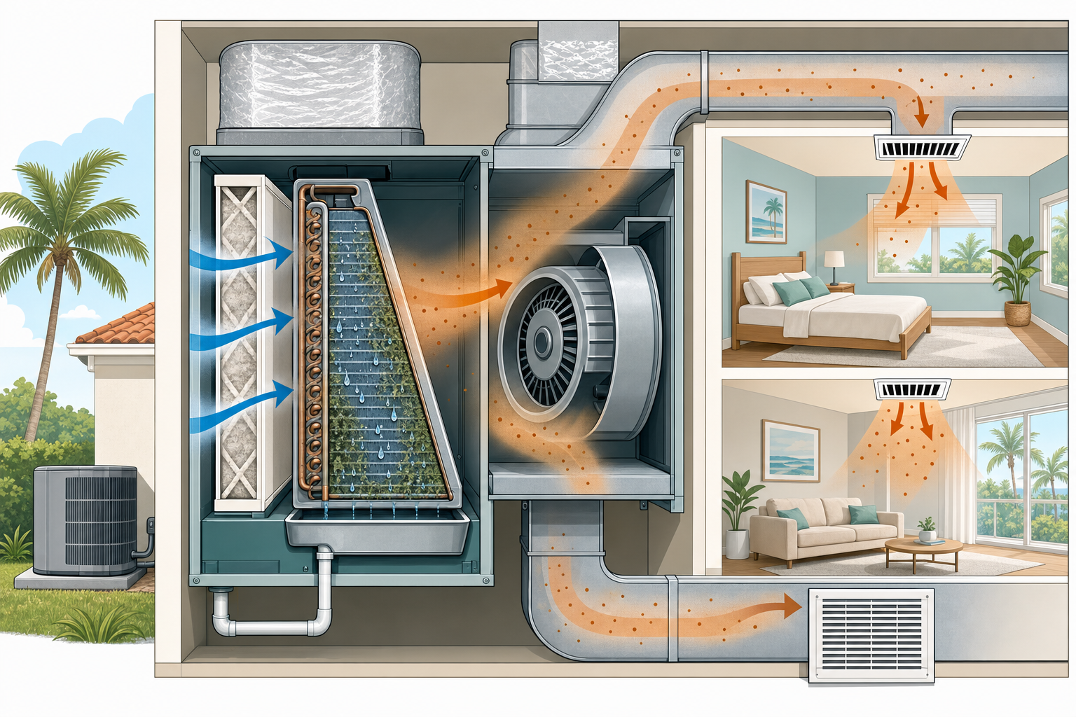Cross-section diagram of a residential HVAC air handler showing filter, evaporator coil with condensation, blower, and supply ducts distributing particles to rooms