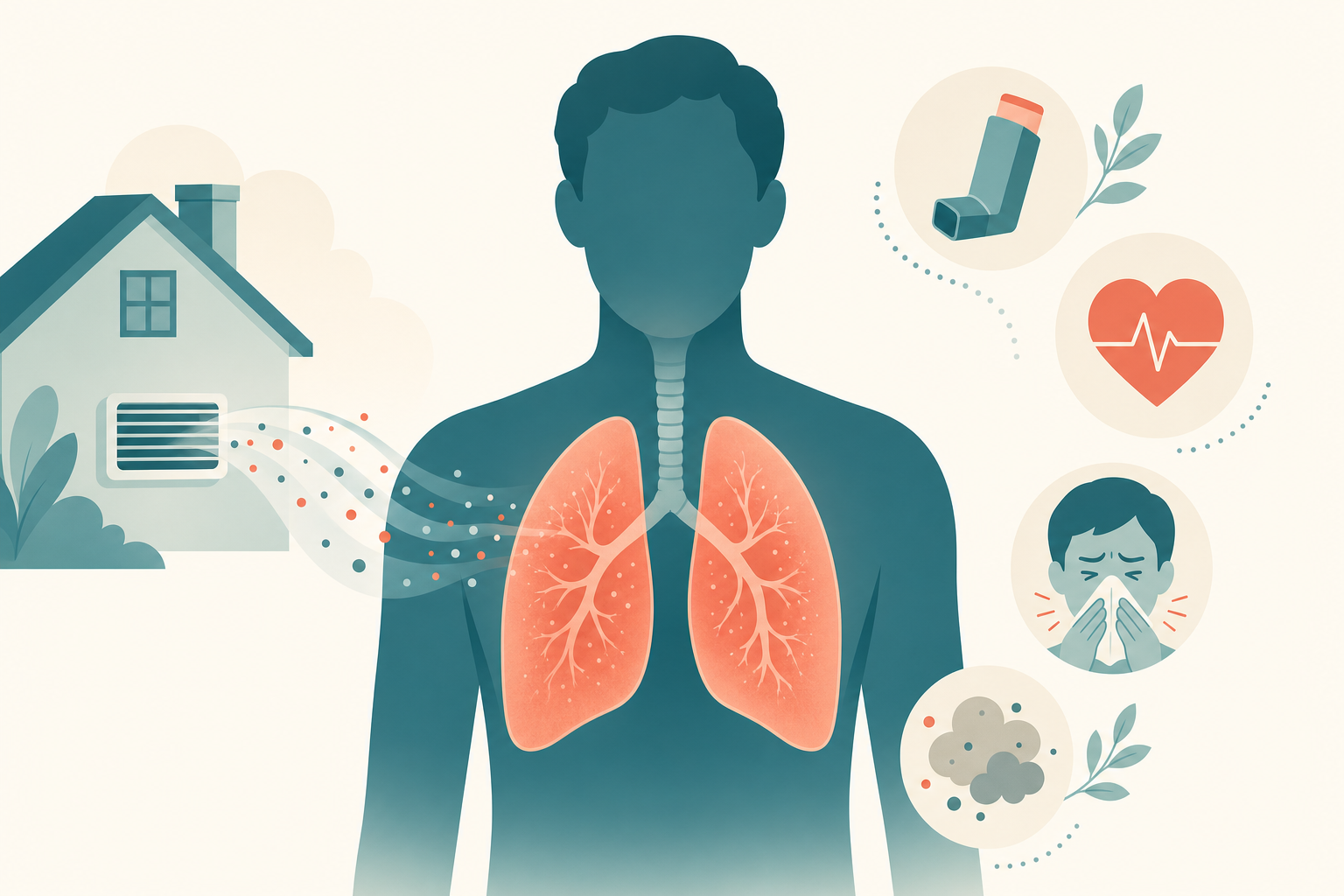 Illustration of a torso silhouette with highlighted lungs and HVAC particle icons